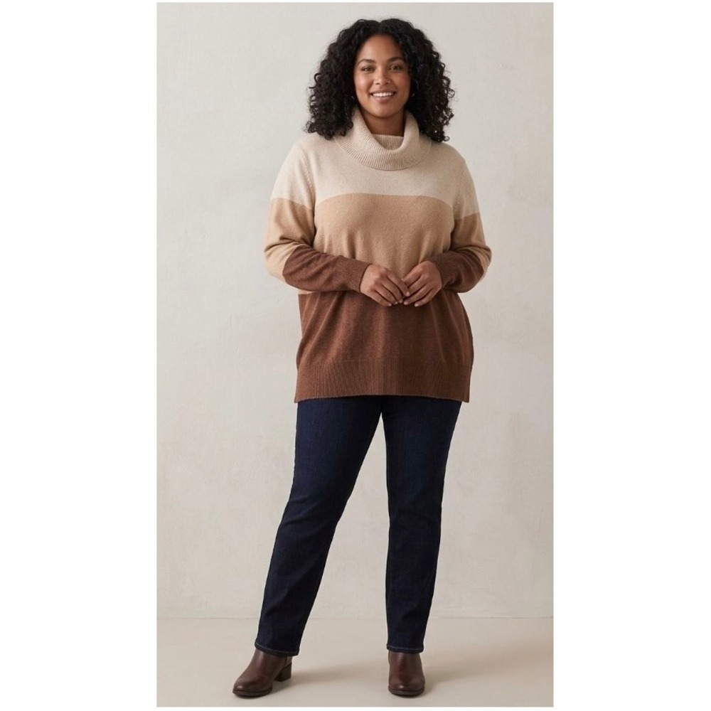 Retrology Cowl Neck Colorblock Sweater Tan Brown Beige Knit Tunic 1X